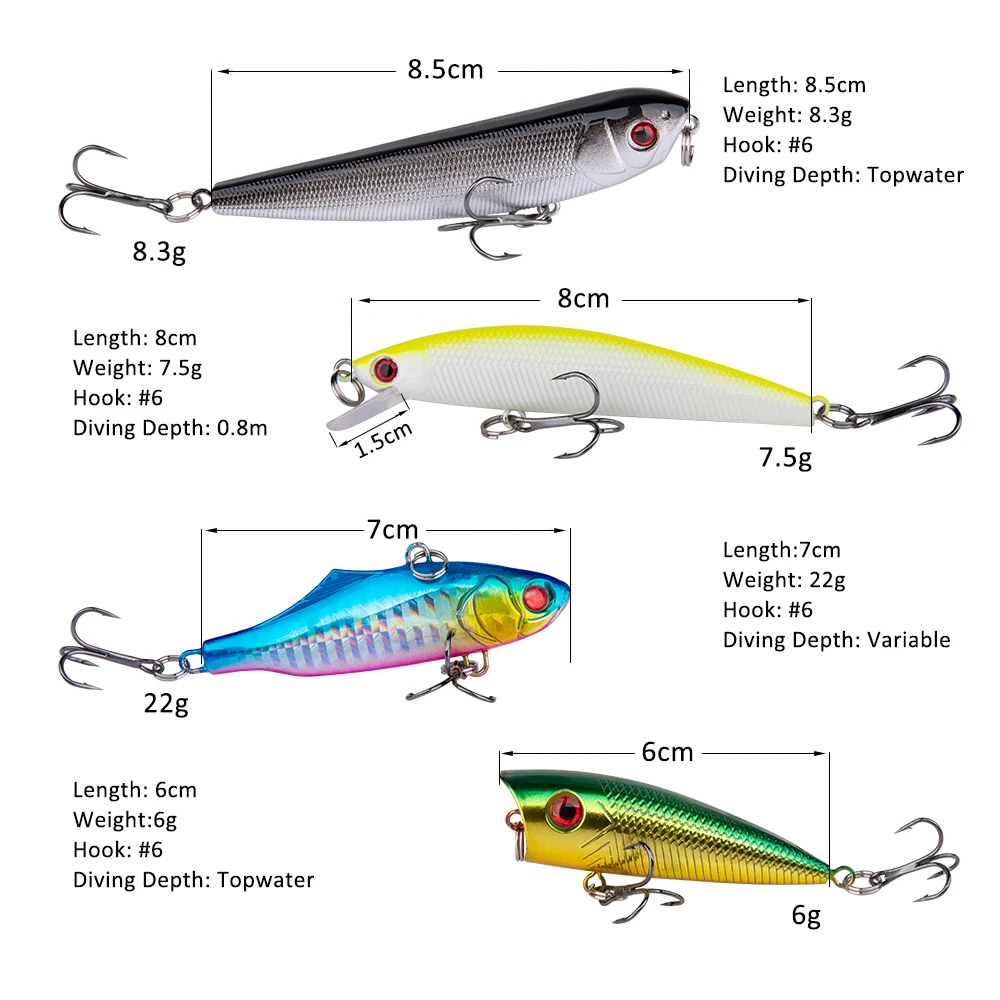 Goture-Juego de Señuelos de Pesca mixtos de 6 piezas, Wobblers, cebo Artificial duro, lápiz, Vib, cuchara giratoria con caja de aparejos de pesca - imagen 3