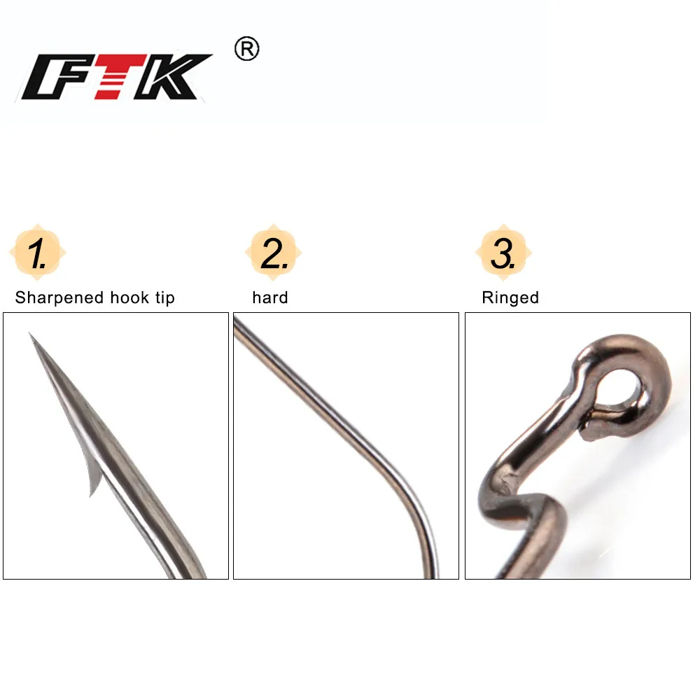 FTK-anzuelos de pesca Offset de 12-20 piezas, señuelos de gusano suave 5/0 #-4 #, aparejos de pesca con manivela anillada de acero de alto carbono - imagen 5