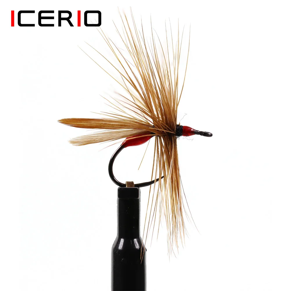 ICERIO-anzuelo de epoxi oxidado para trucha, pluma de gallo marrón, atado de moscas secas, Señuelos de Pesca, 8 piezas, 12 #