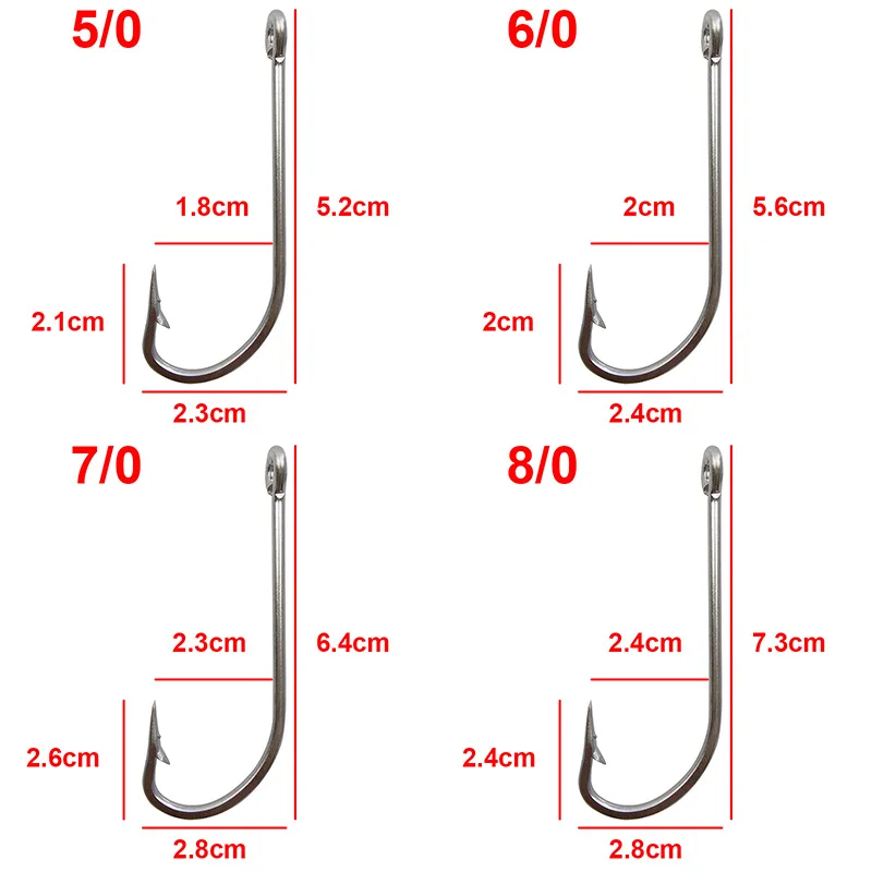 Anzuelos de acero inoxidable para pesca, anzuelos grandes, extra largos, anzuelos blancos, tamaño 1/0-10/0, 40 Uds.