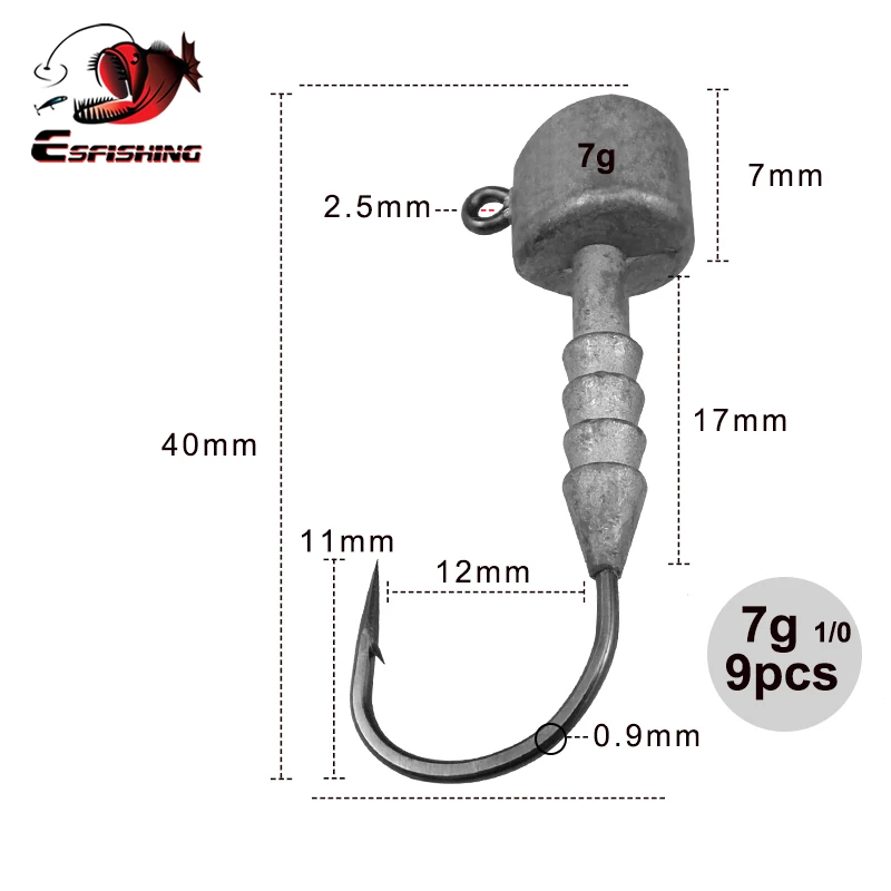 ESFISHING-anzuelo con cabeza plomada, 9 piezas, 5g, 7g, 10g, anzuelos de pesca con cabeza líder de alta calidad para señuelos blandos, aparejos de pesca - imagen 4
