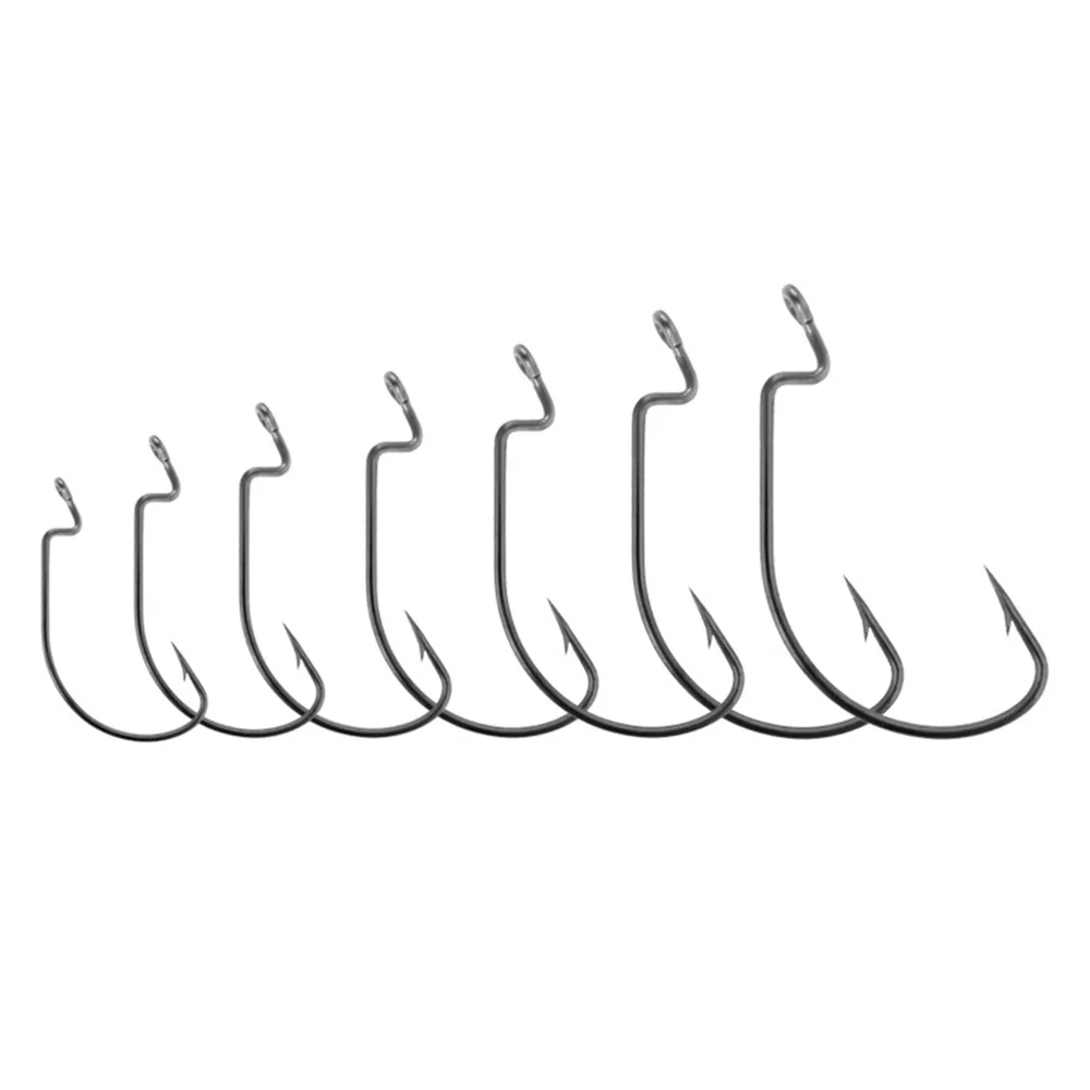 50/100 unids/lote anzuelo de pesca de acero rico en carbono, anzuelo compensado de manivela ancha para señuelo suave, aparejos de pesca de carpa con púas, anzuelo de gusano - imagen 2