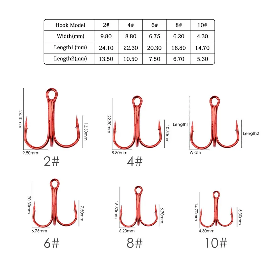 Anzuelos de pesca de Material de carbono de acero alto, anzuelos de pesca triples, redondos, plegables, para lubina de agua salada, Rojo 2 #-10 #, herramientas de aparejos, 10 unids/lote por caja - imagen 2