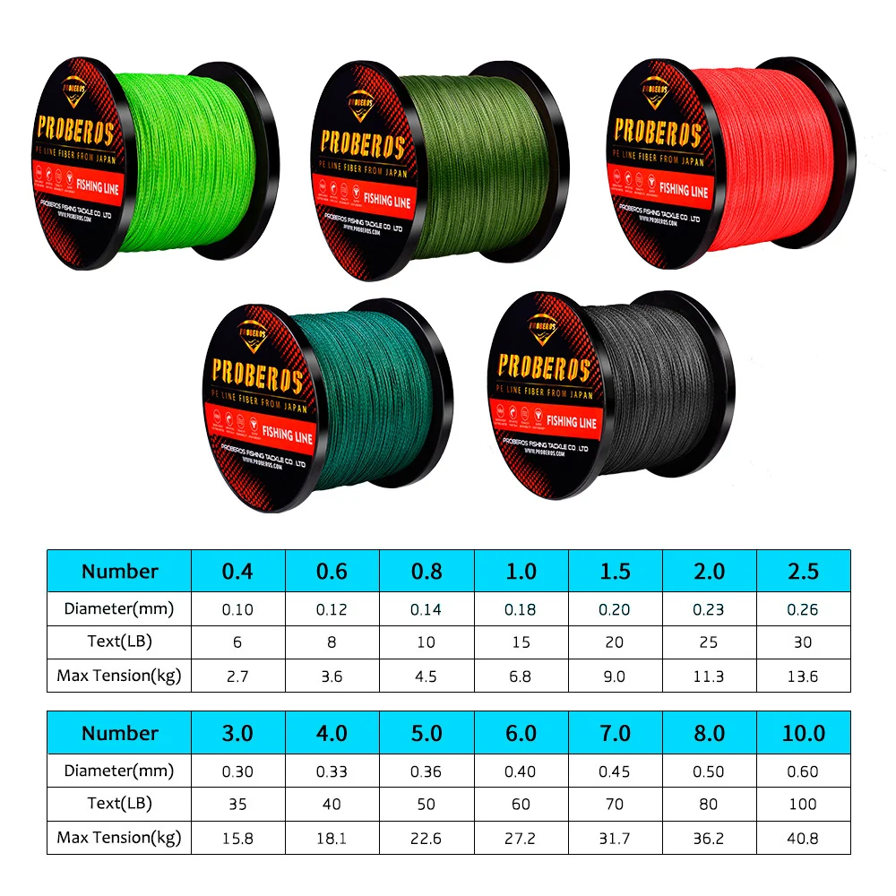 PROBEROS-sedal de pesca trenzado, 4 hebras, 300 & 500 & 1000, rojo/verde/Negro, cordón de pesca de 4 tejidos, 6LB-100LB, hilo unade - imagen 3