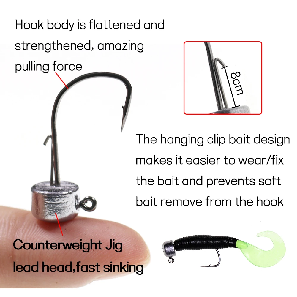 Bimoo-anzuelo con cabeza plomada, forma cilíndrica, Clip colgante, gusano suave, anzuelo para percha de lubina, 10 Uds., 1,5g/2,5g/3,5g/4,5g - imagen 4