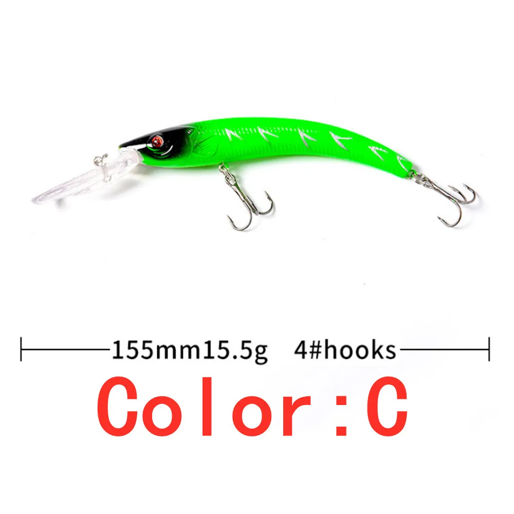 Este vibrante señuelo de pesca verde presenta cuatro ganchos y mide 155 mm perfecto para atrapar peces