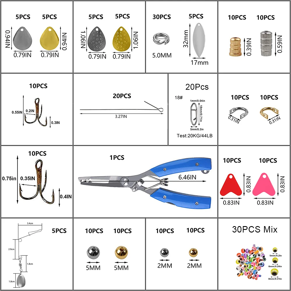 Kit de señuelo de cuchara de pesca con cebo giratorio, lentejuelas de Metal, gancho triple, alicates de prensado, aparejo de plantilla de lubina, accesorios de señuelo de pesca, 257 Uds. - imagen 2