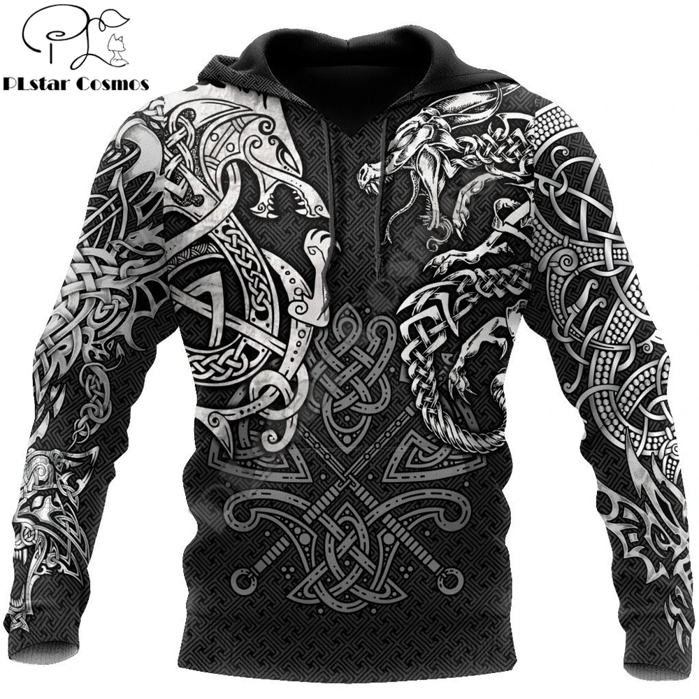 Fenrir-Sudadera con capucha de Lobo y dragón para hombre, ropa de calle Unisex con estampado 3D de tatuaje, jersey con cremallera, chaqueta informal, chándal KJ0197 - imagen 4