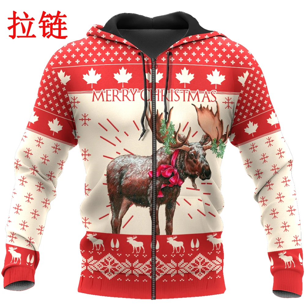 Navidad Reno 3D impreso Unisex Deluxe Sudadera con capucha Feliz Navidad hombres sudadera Zip pulóver chaqueta Casual chándal KJ0286 - imagen 5