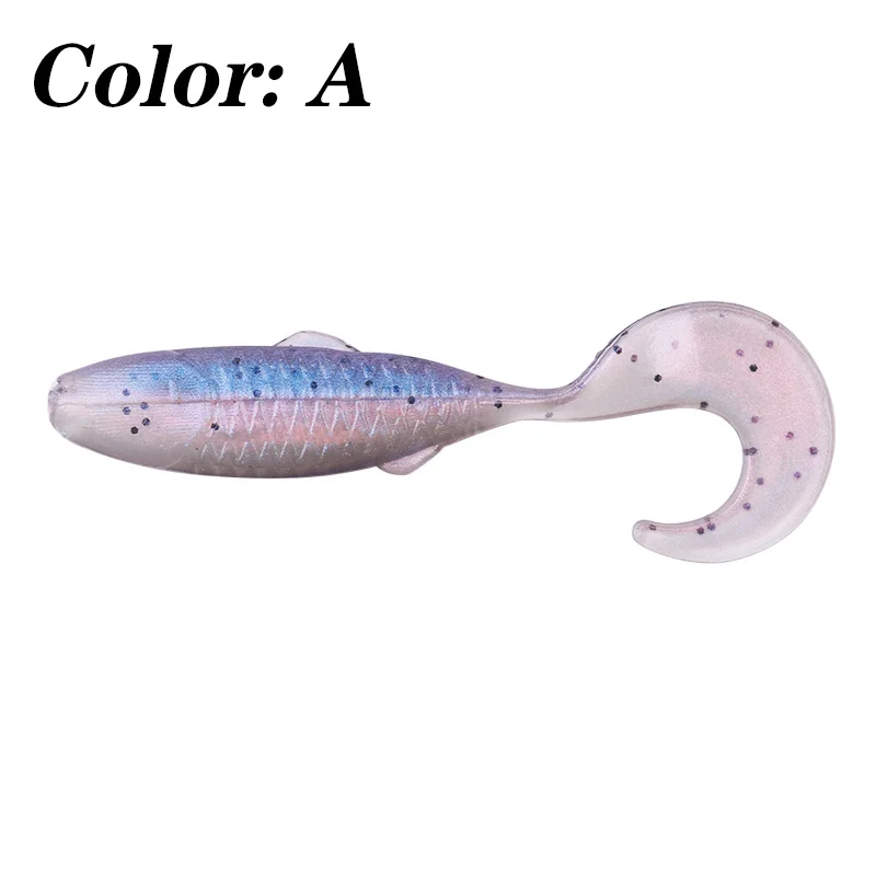 Un señuelo, que es un tipo de cebo de pesca artificial diseñado para parecerse a un pez. Este señuelo en particular es de color A, que parece ser una combinación de azul y rosa con algunas motas, posiblemente para imitar la apariencia de un pez con manchas.