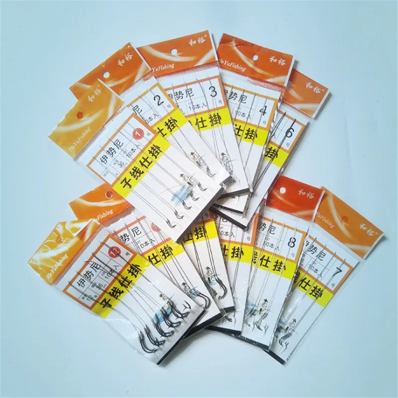 Cadena de manivela de pesca, 10 piezas, Japón Series1 #-12 #, grupo de anzuelos de agua dulce, púas, aparejos Sabiki, Color níquel negro - imagen 2