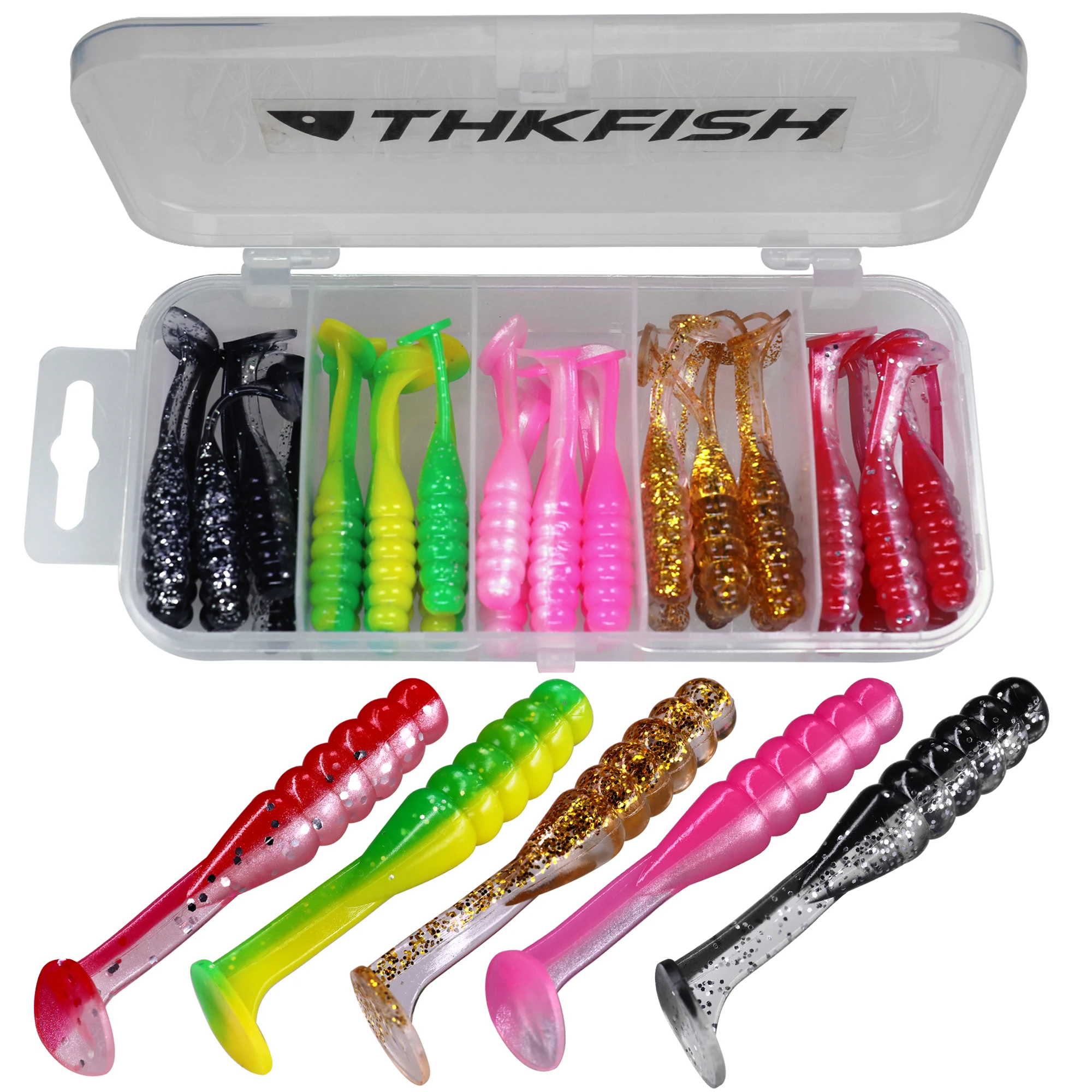 THKFISH 30 Uds señuelos blandos cebo de silicona 50mm 2 pulgadas Wobblers T cola señuelo de pesca gusano Swimbait cebos artificiales para trucha Pike Bass