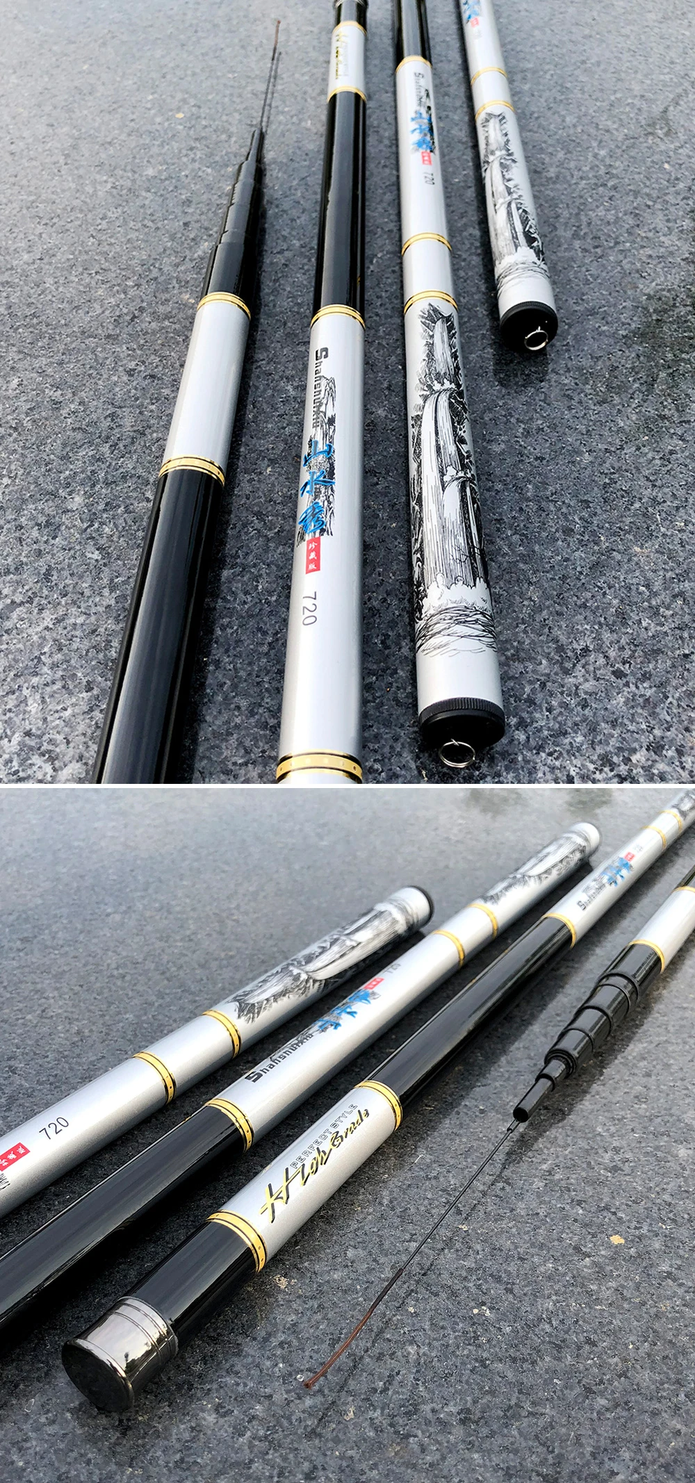Una colección de cañas de pescar. Hay cuatro barras visibles, cada una con un diseño y combinación de colores diferentes. Las varillas están dispuestas sobre una superficie y parecen tener diferentes longitudes, con la más larga a la izquierda y la más corta a la derecha.
