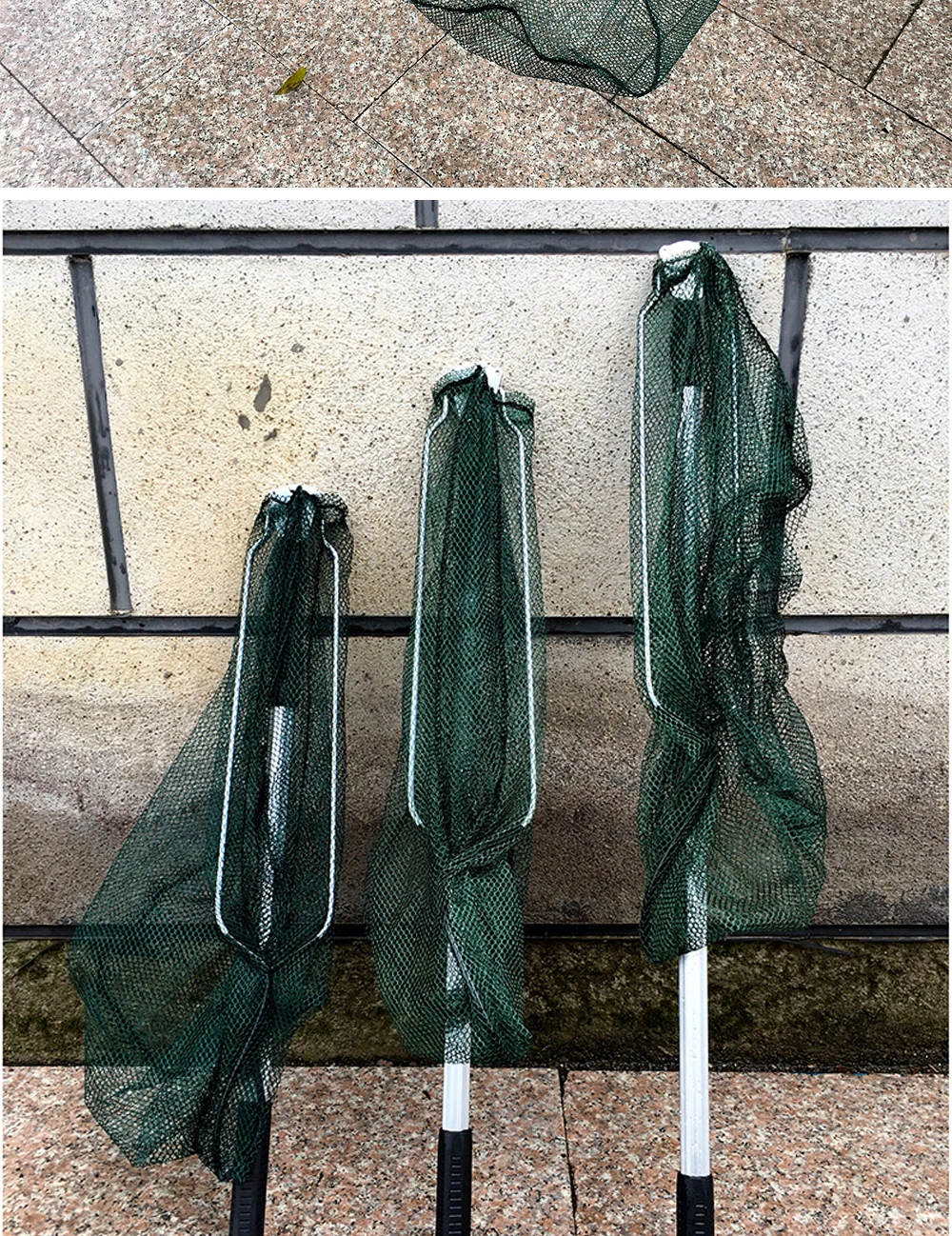 Tres redes de pesca con las asas extendidas. Las redes están hechas de un material de malla y están diseñadas para usarse en la captura de peces. Se colocan contra una pared y la red superior está ligeramente abierta, dejando al descubierto su estructura de malla.