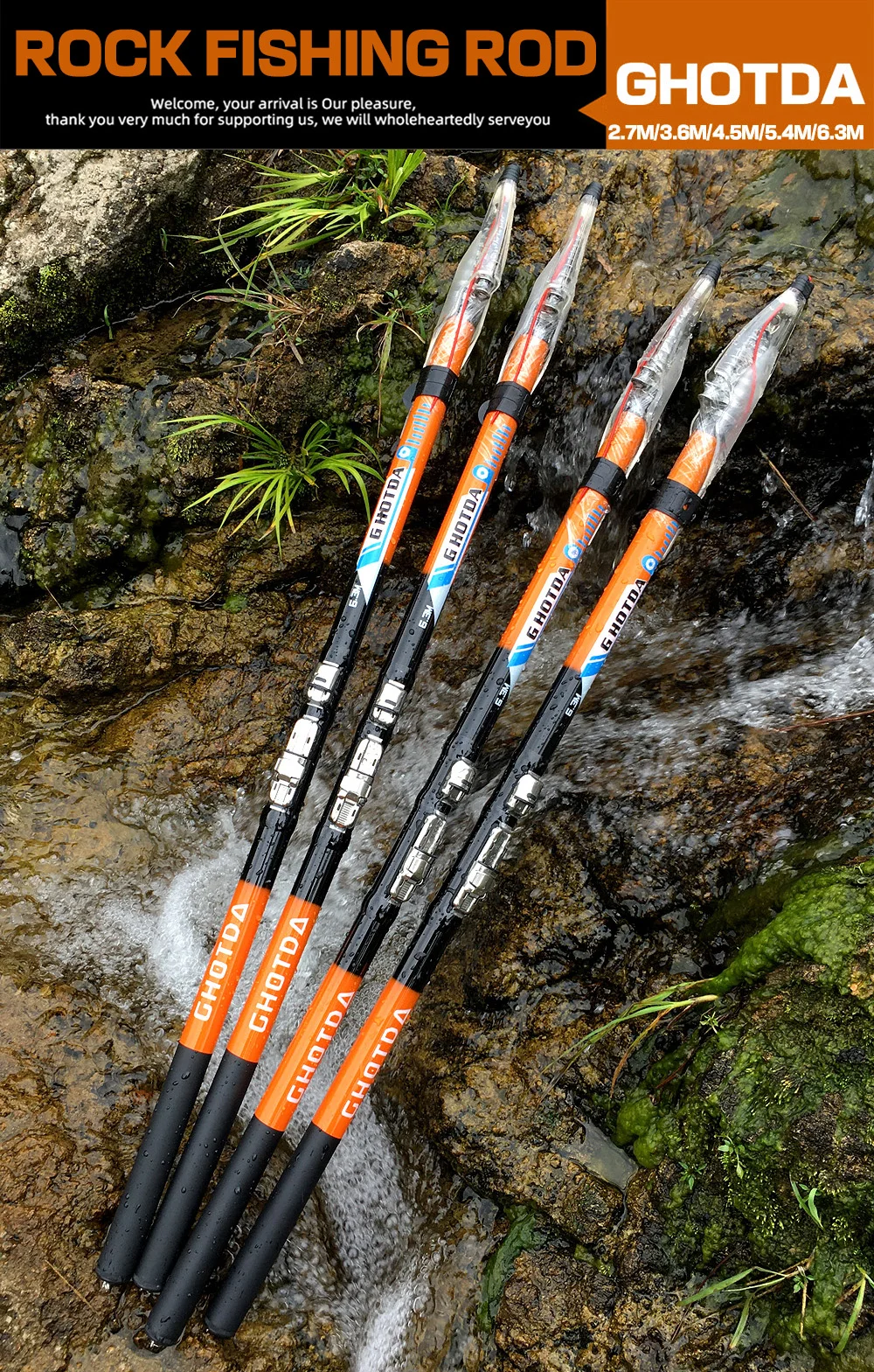 Una colección de cañas de pescar, diseñadas específicamente para la pesca en roca. Las cañas tienen la marca GHOTDA y tienen varias especificaciones escritas, como 2,7 M 8-30 g y 2