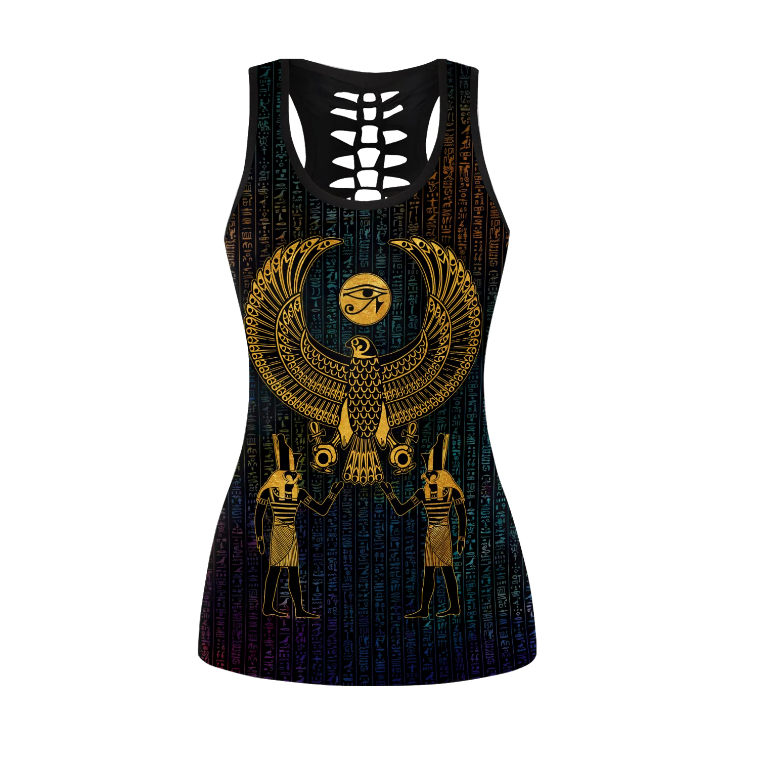 Horus Eye Egipto Anubis antiguo 3D impreso hueco camiseta sin mangas y Leggings conjunto Fitness mujer mallas de longitud completa pantalones de Yoga LKB-23 - imagen 5