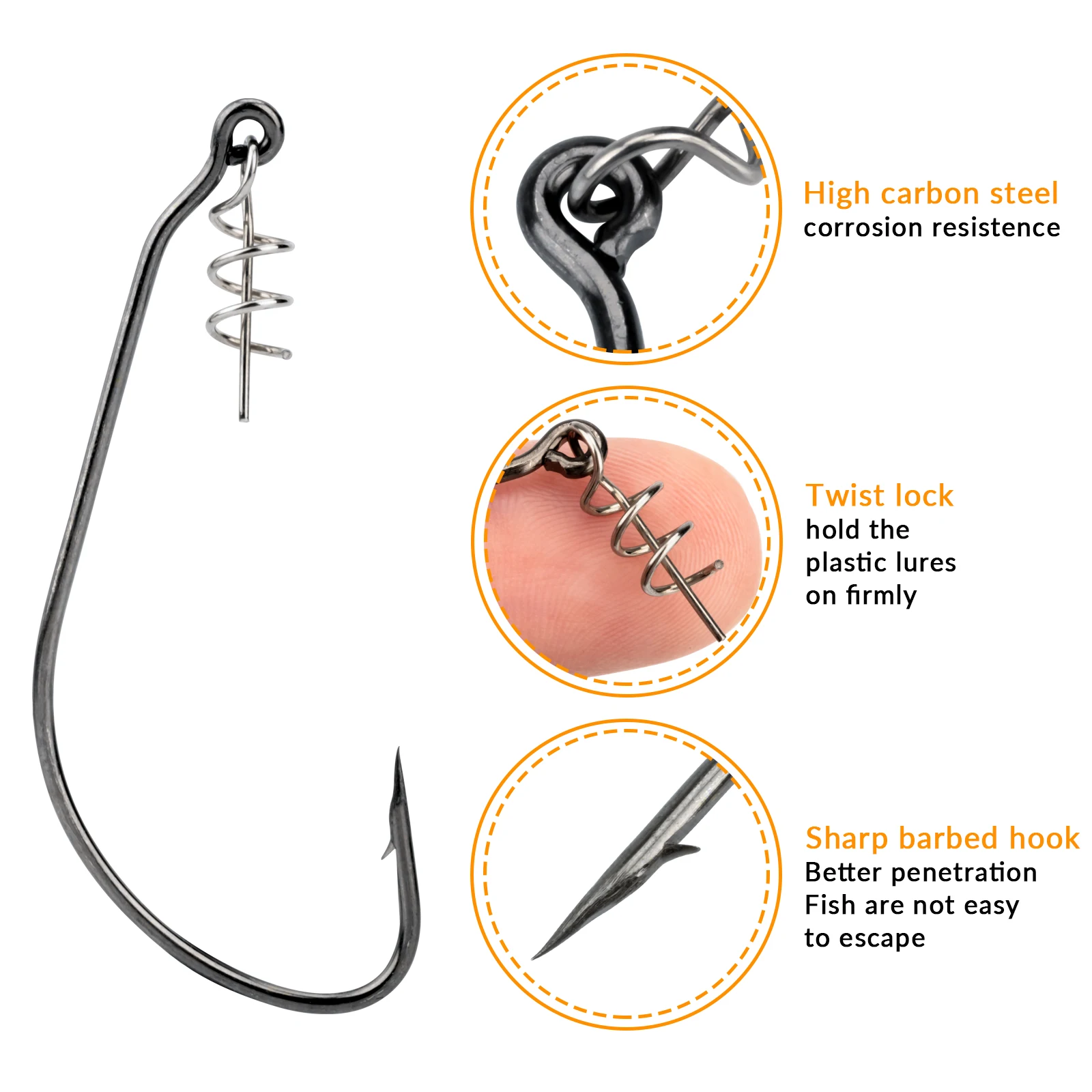 THKFISH 10 Uds anzuelos de pesca anzuelos compensados de acero rico en carbono con pasador de bloqueo de resorte # 1/0- # Anzuelo de púas con plantilla 5/0 para gusanos blandos - imagen 3