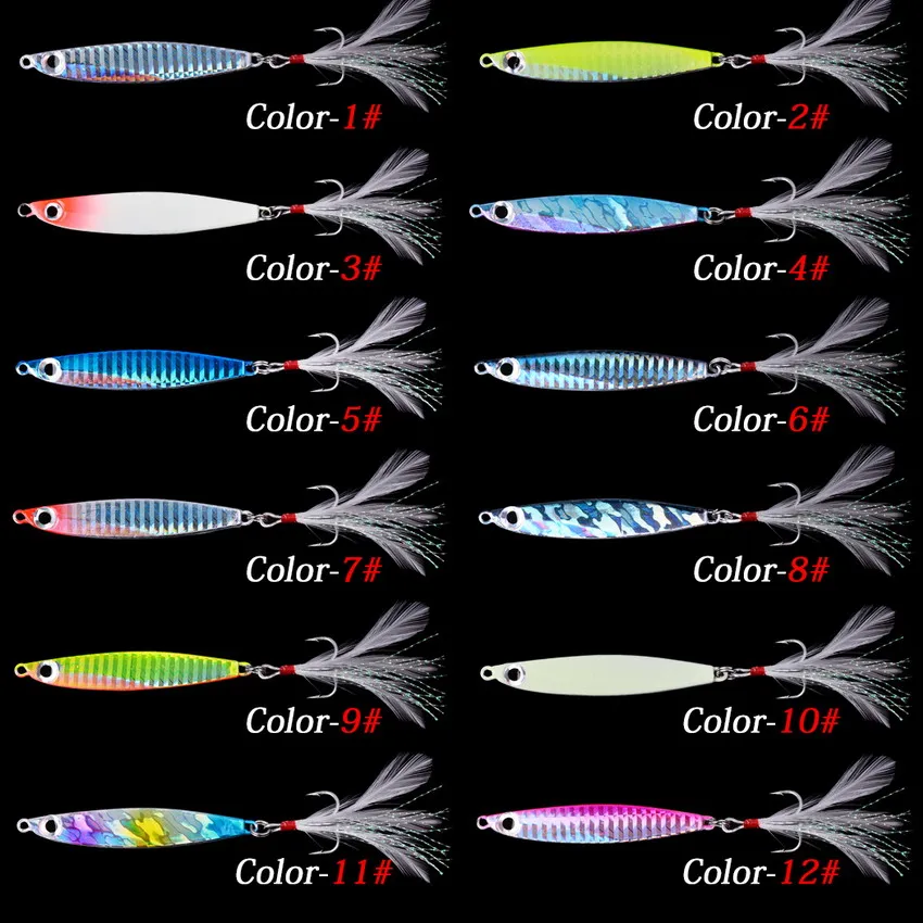 Conjunto de 12 señuelos metal mostrando variedad de colores brillantes y pesos diferentes