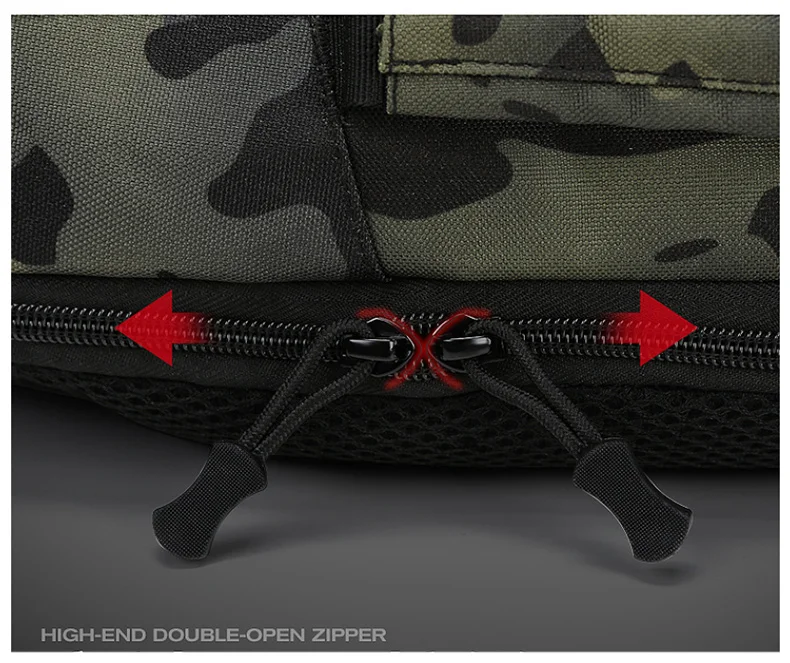 Una mochila negra y camuflaje con cremallera y una flecha roja que apunta a la cremallera