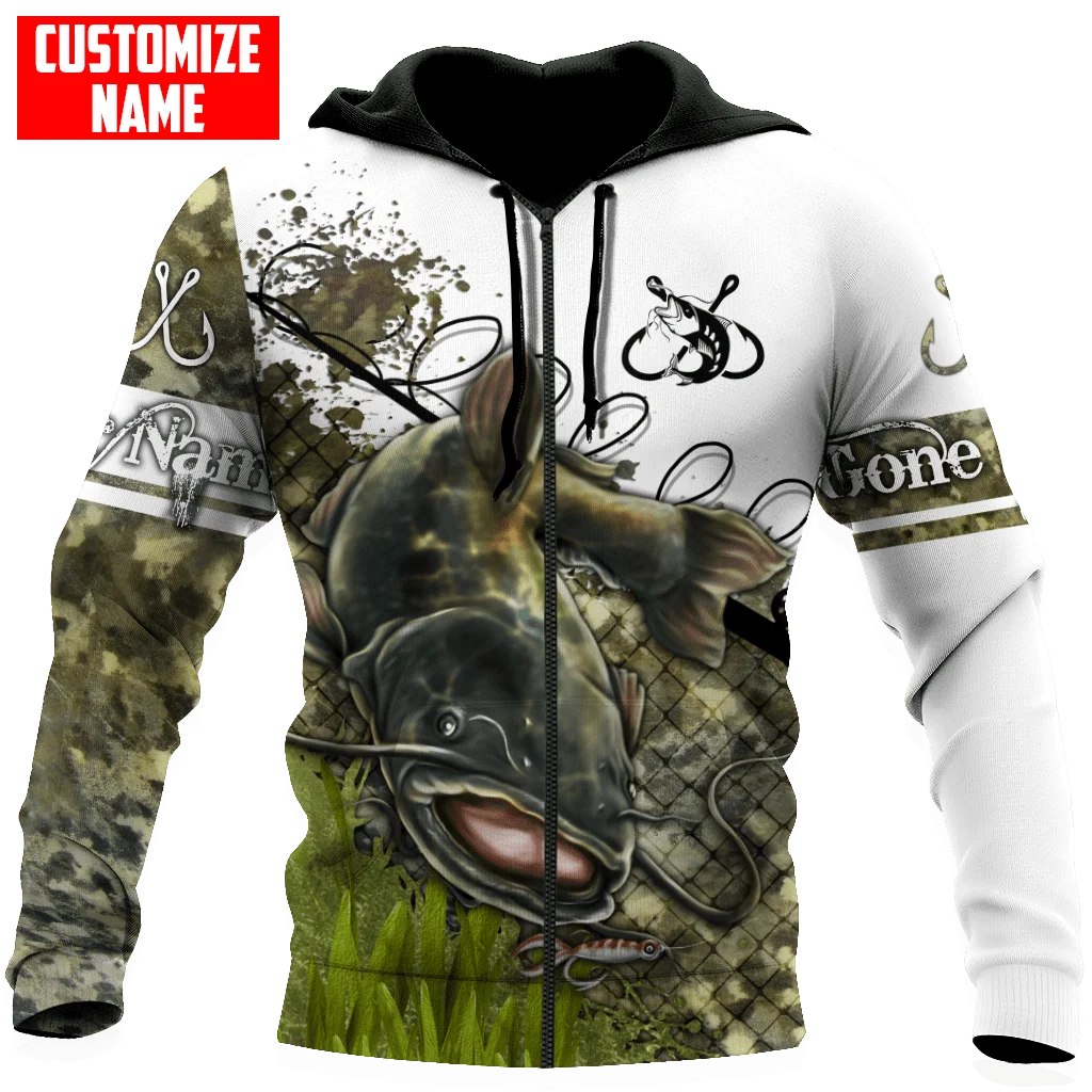 Nombre personalizado bagre Camo Gone Fishing 3D impreso hombres Sudadera con capucha y sudadera otoño Unisex Zip Sudadera con capucha ropa deportiva Casual KJ841 - imagen 3