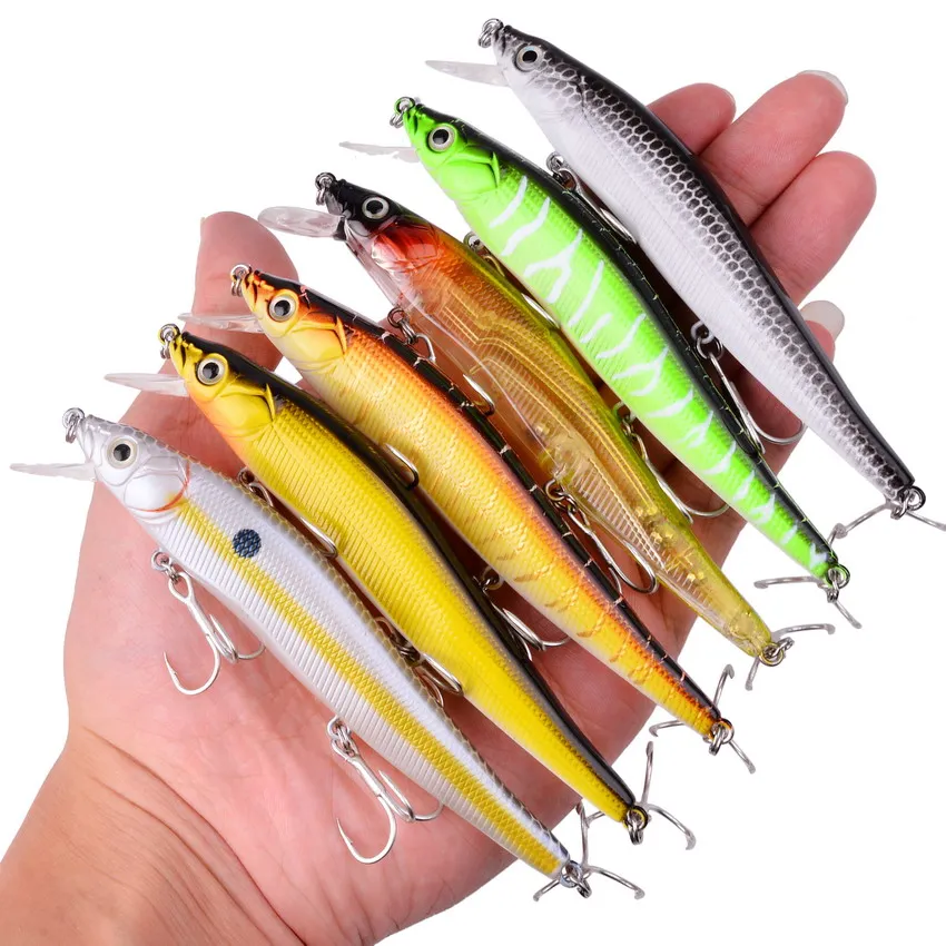 Señuelos de Pesca de pececillos, cebo Artificial duro de 12cm y 13,7g, flotante, ojos 3D, Crankbait Wobblers, aparejos de lubina, 6 unids/lote - imagen 2