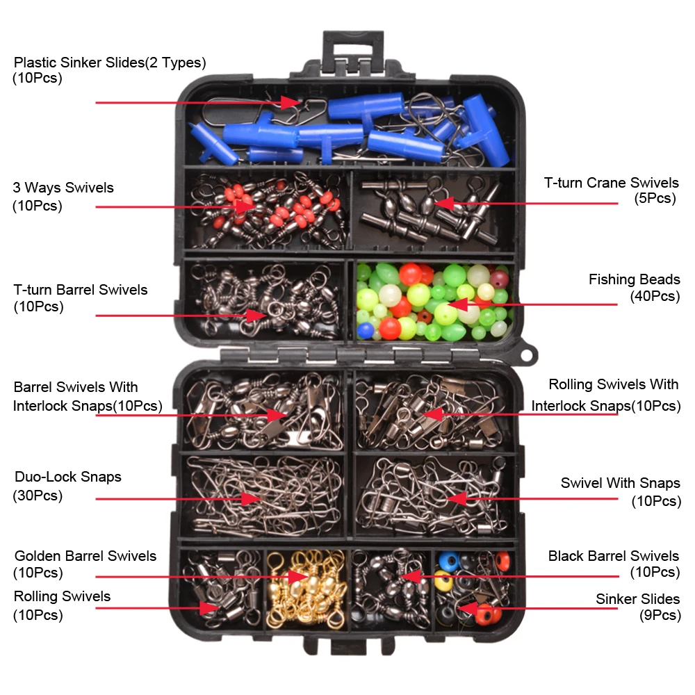 Accesorios giratorios de pesca, 174 unids/caja, Kit de aparejos que incluyen broches giratorios de barril, Cuentas deslizantes de plomada, broches de bloqueo Duo - imagen 4