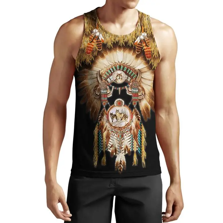 Camiseta con estampado 3D de lobo indio nativo para hombre, camiseta sin mangas a la moda Harajuku, ropa de calle de verano, camisetas sin mangas Unisex - imagen 3
