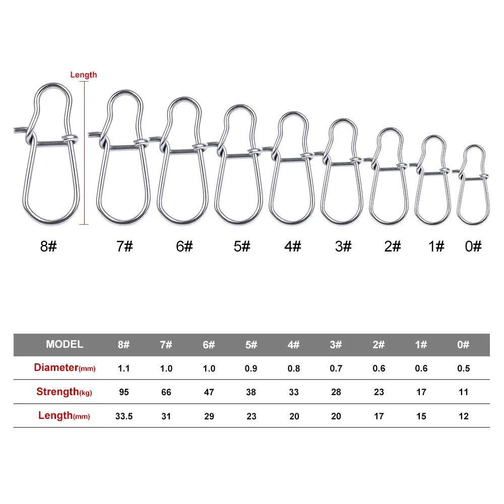 100 unids/lote de pasador de presión de pesca de acero inoxidable, barril de pesca, bloqueo de Clip rápido, conector de señuelo giratorio a presión, accesorios de aparejos - imagen 2