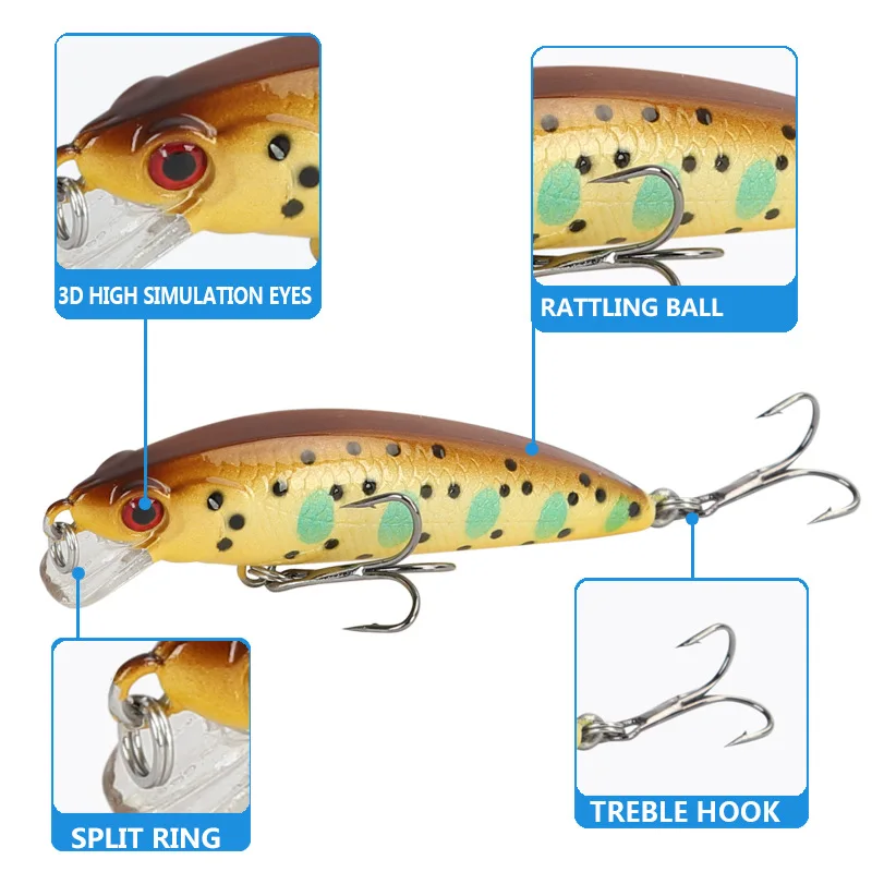 Señuelos de Pesca Wobbler de ojo 3D, 6g, 60mm, señuelo de pececillo silencioso que se hunde, señuelo de alta calidad, cebo duro para Pesca de trucha y lubina - imagen 3