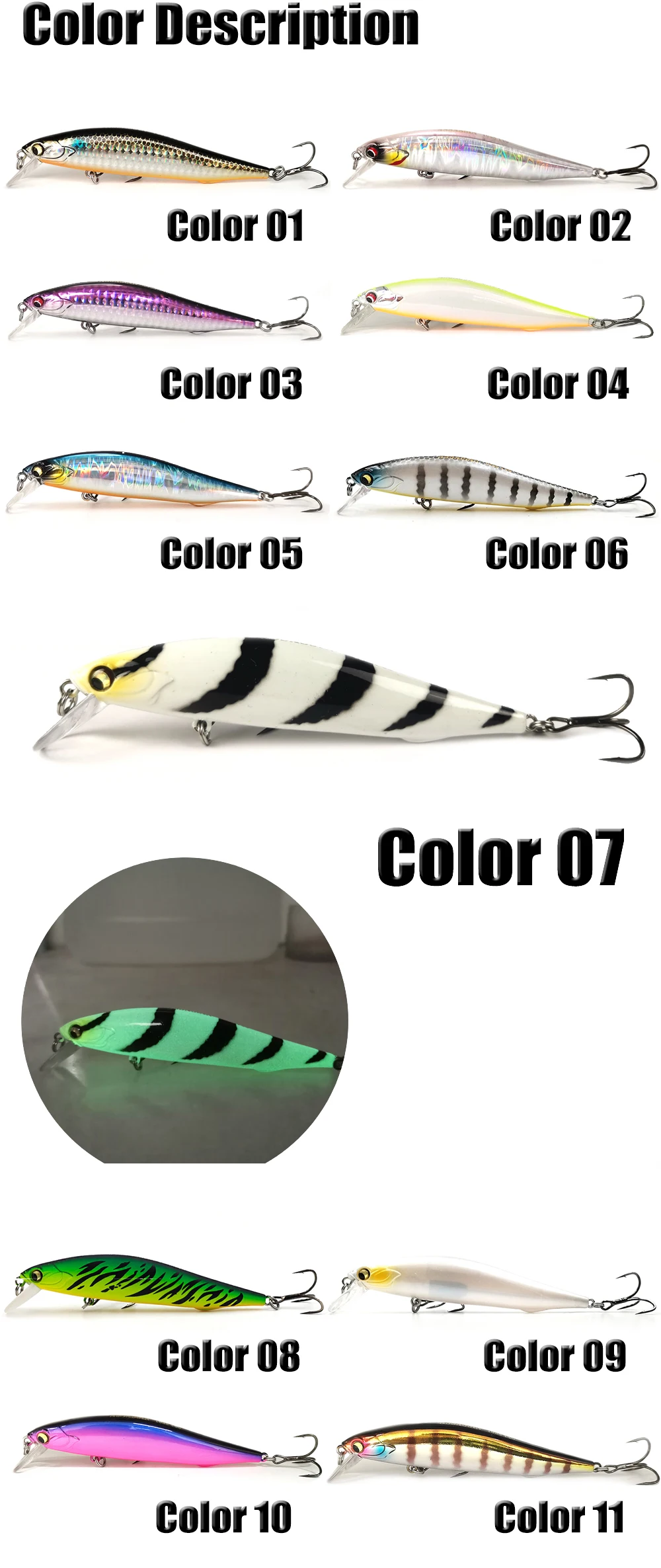 Explore una amplia gama de señuelos de pesca vibrantes con descripciones de color