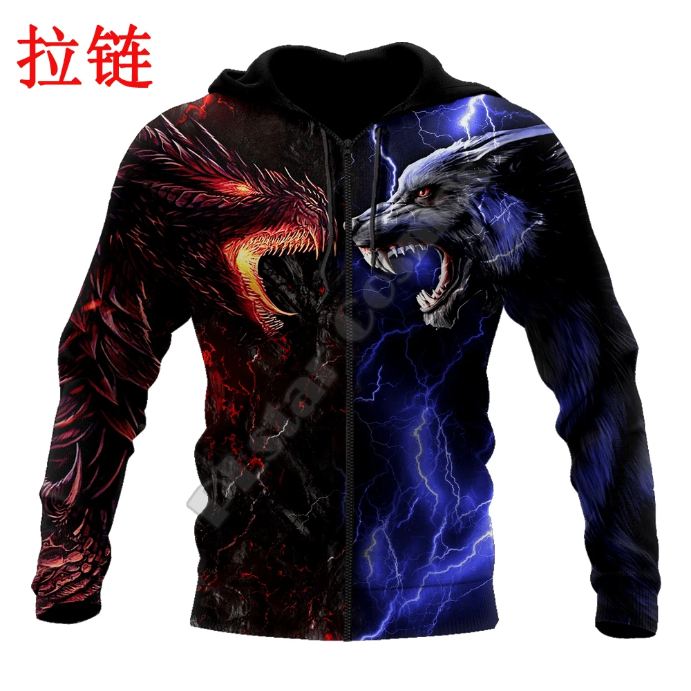 Sudadera con capucha de otoño para hombre con estampado 3D de dragón y lobo rojo y azul, ropa de calle Unisex, chaqueta informal con cremallera, jersey KJ497 - imagen 5