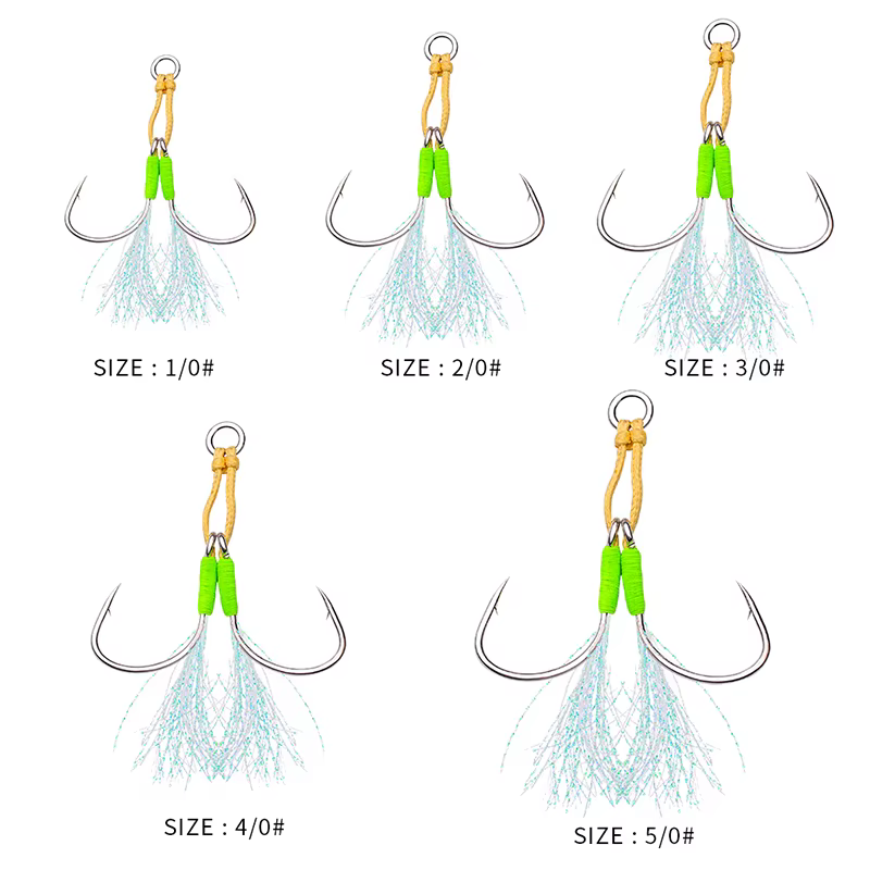 PROBEROS-anzuelos dobles de pesca, paquete de 5 unidades, 1/0-2/0-3/0-4/0 #, anzuelos dobles de acero al carbono, pluma UV, anzuelos Jiging - imagen 4