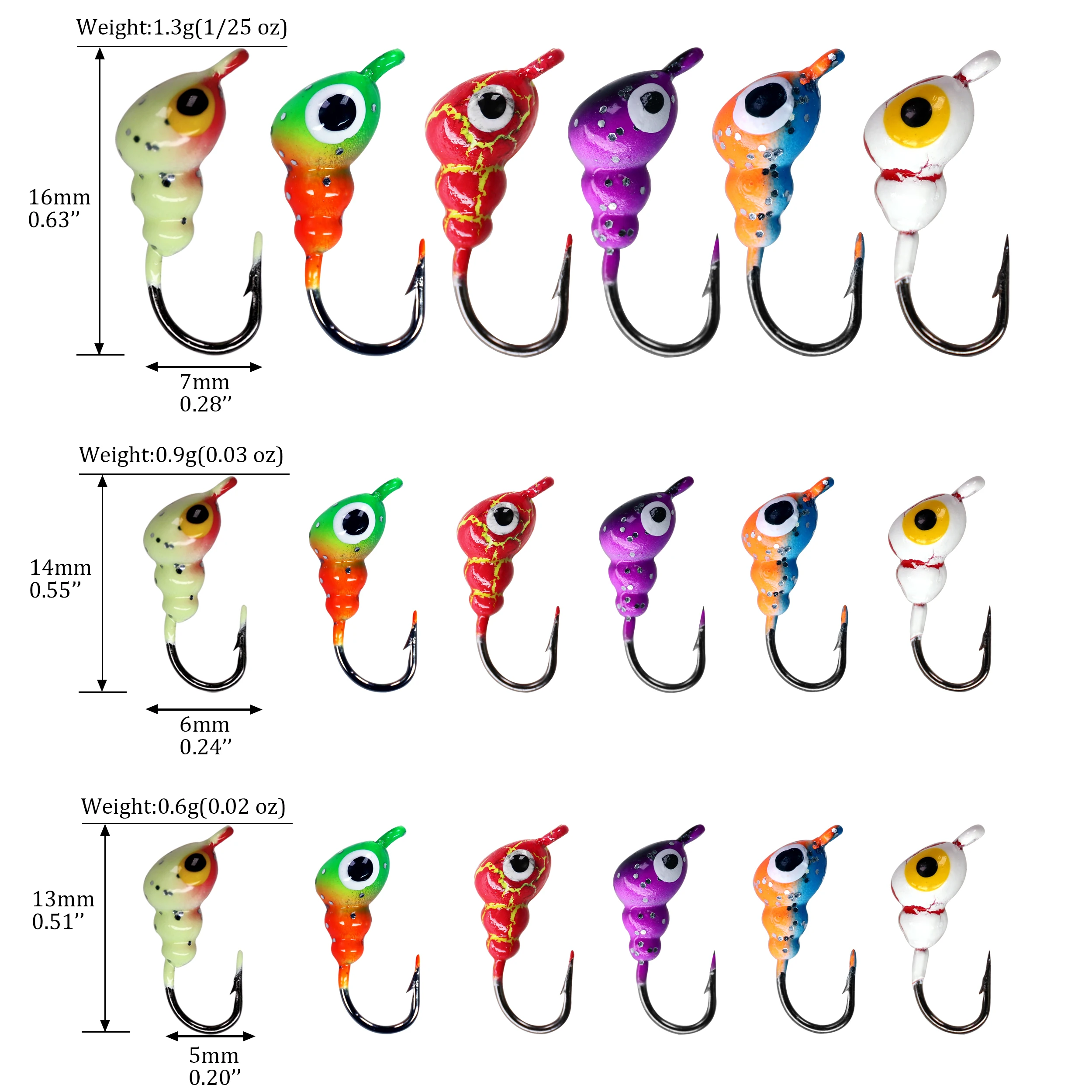 THKFISH-Kit de anzuelos de pesca en hielo, juego de anzuelos de púas con cabeza de 0,6g-1,4g, cebo duro Artificial para invierno, 18 piezas - imagen 3