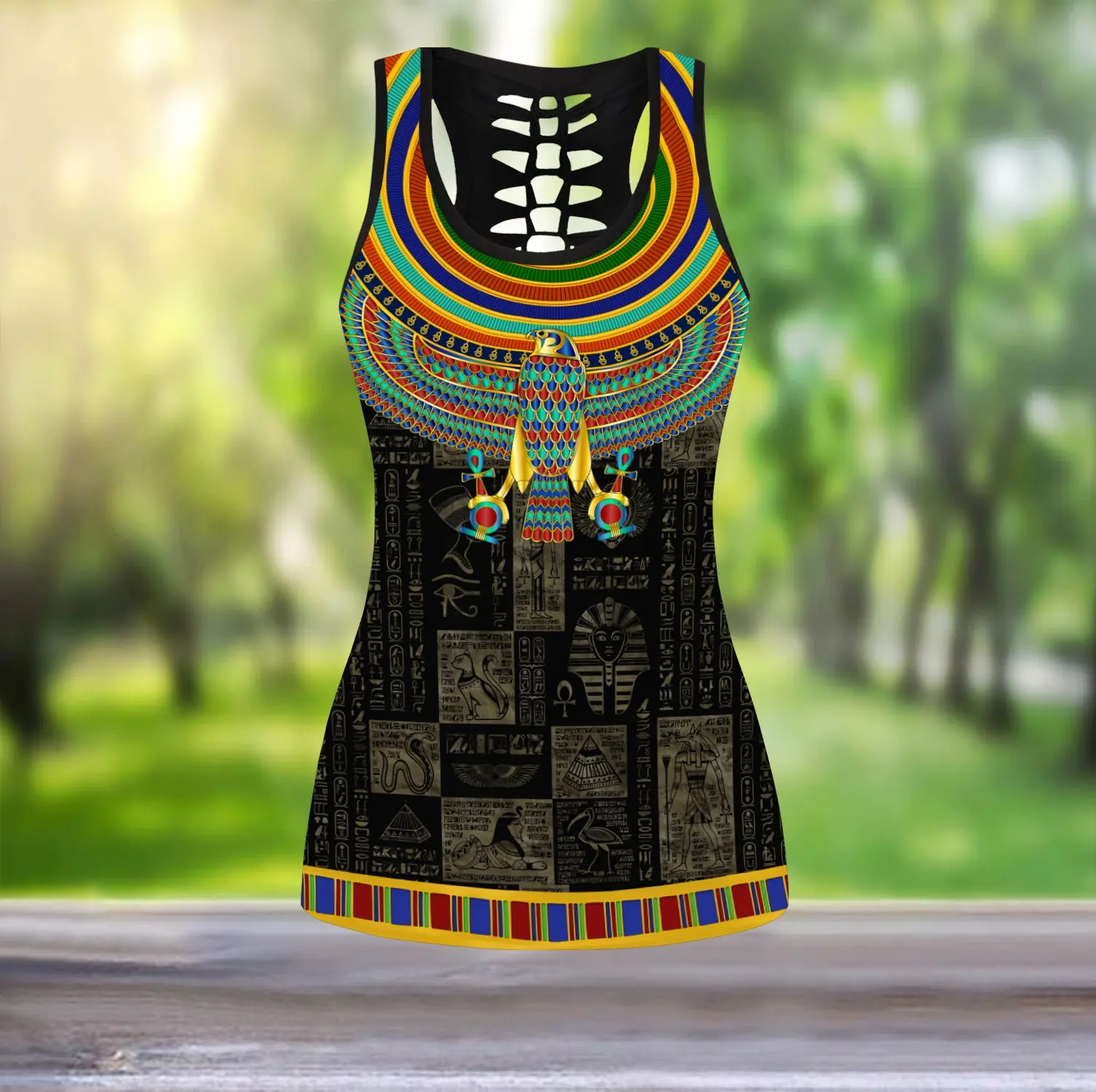 Egipto águila Dios tatuajes 3D completamente estampado mujeres hueco camiseta sin mangas y Leggings conjunto Sexy elástico femenino flaco Leggings LKB-01 - imagen 2