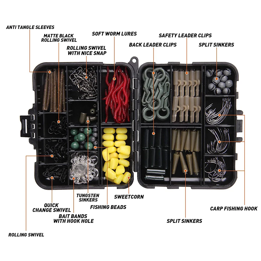 Kit de aparejos de pesca de carpa, ganchos giratorios, señuelos de plomos de tungsteno, Clips de guía, Terminal de cebo, mangas, 199 unids/caja - imagen 2