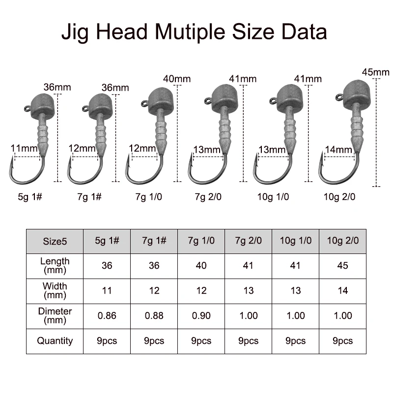ESFISHING-anzuelo con cabeza plomada, 9 piezas, 5g, 7g, 10g, anzuelos de pesca con cabeza líder de alta calidad para señuelos blandos, aparejos de pesca - imagen 3