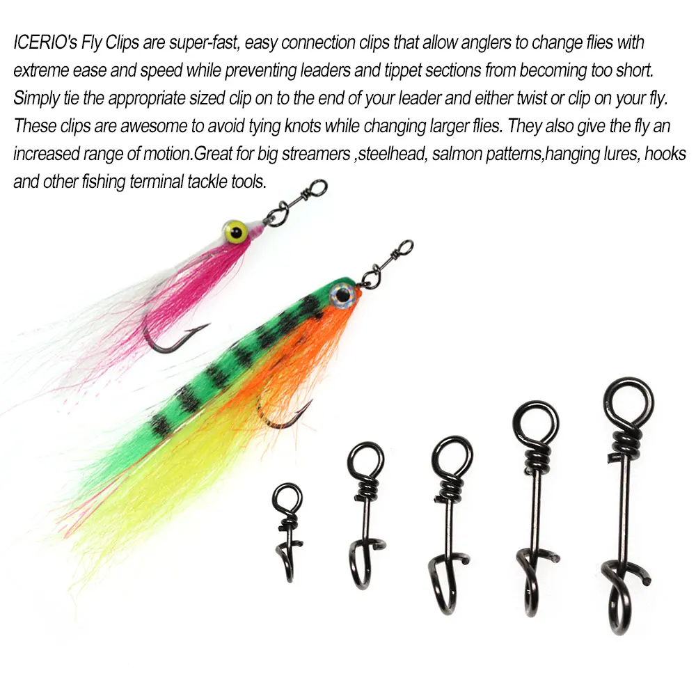ICERIO 50 Uds Clips de mosca de cambio rápido de acero inoxidable sin nudos conector de señuelo de pesca Terminal de pesca herramienta de aparejos