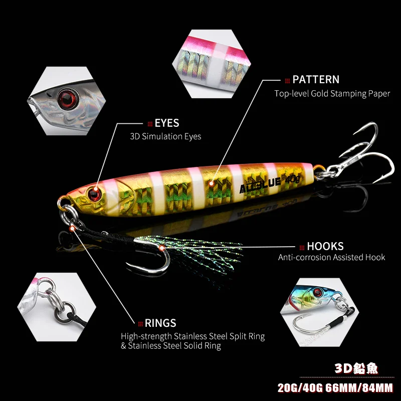 ALLBLUE-señuelo de pesca de lubina Artificial, 3D anzuelo de fundición de Metal, 20G, 40G, arrastre fuera de la costa, Jigging - imagen 5
