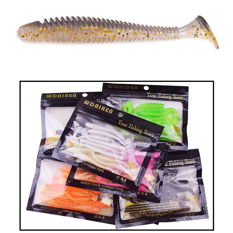 Señuelos de Pesca de gusano blando, cebo Artificial de silicona de doble Color, aparejos Swimbait, 5cm, 7cm, 10 unids/lote - imagen 3