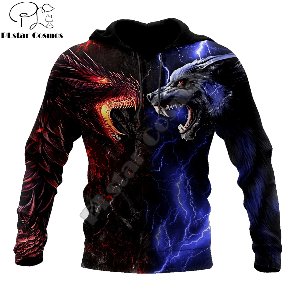 Sudadera con capucha de otoño para hombre con estampado 3D de dragón y lobo rojo y azul, ropa de calle Unisex, chaqueta informal con cremallera, jersey KJ497 - imagen 2
