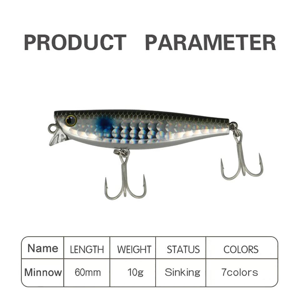 WALK FISH-señuelo de pesca de pececillos, cebo Artificial que se hunde con ojos 3D, anzuelo triple, cebo duro de agua salada, aparejos de pesca de lubina, 60mm/10g - imagen 5