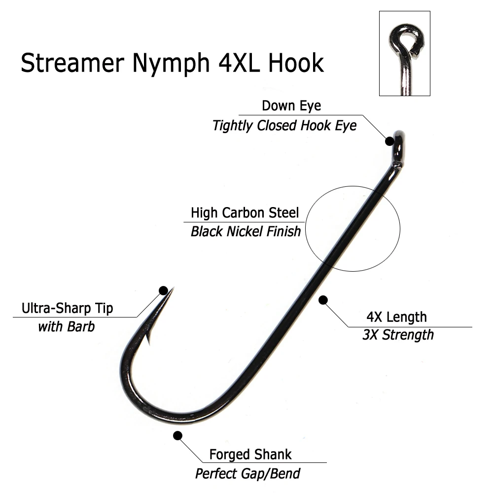 Bimoo 30 Uds atado de moscas Streamer Ninfa 4XL ganchos con ojo descendente 4X longitud Muddlers Zonkers pesca con mosca anzuelo de púas níquel negro - imagen 3