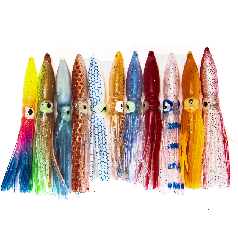 Señuelos de Pesca de faldas de calamar suave, cabeza de Jigs de PVC, sábalo de silicona Artificial, aparejos de Pesca, 8cm, 10 Uds. - imagen 4