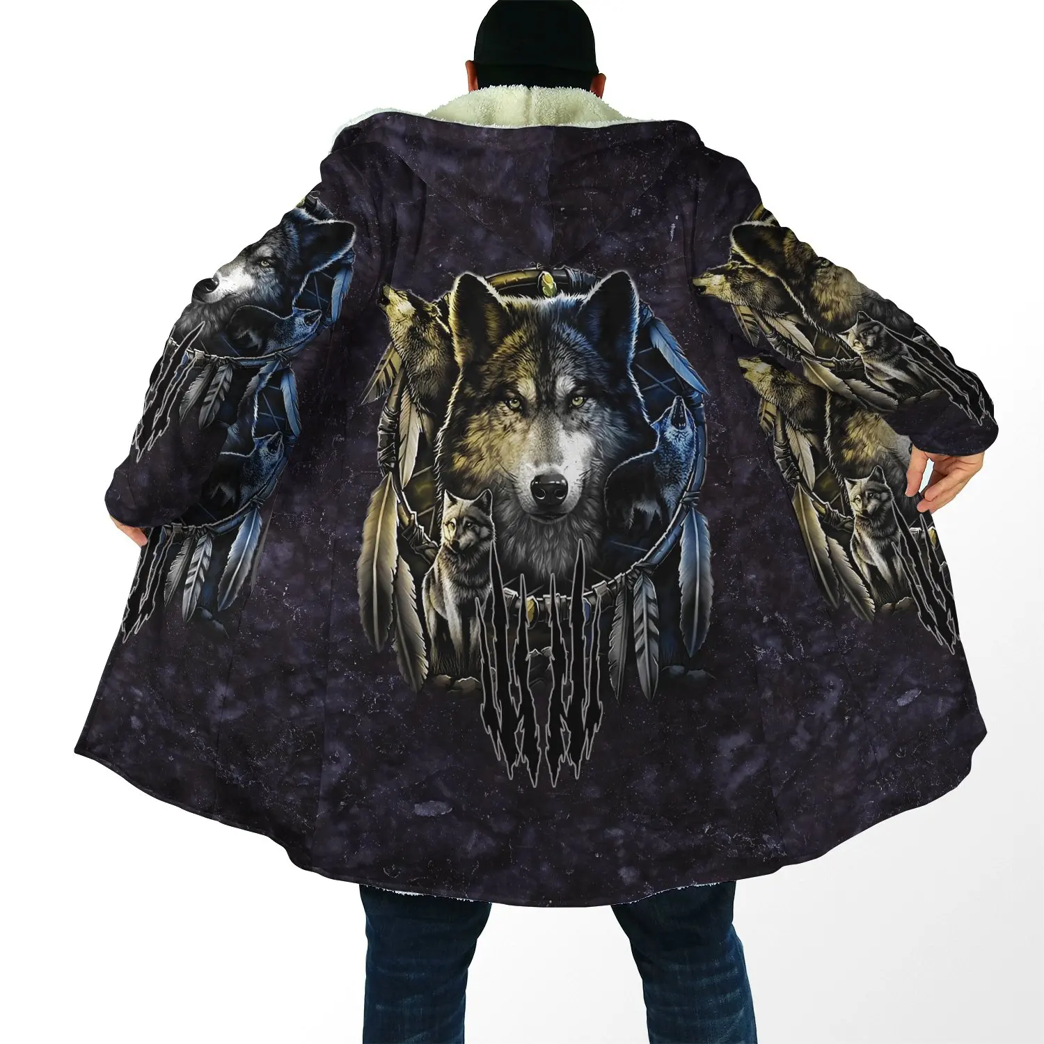 Capa de invierno para hombre, abrigo con capucha de lana gruesa con estampado completo de lobo nativo Tribal, Unisex, informal, cálido, DP16, 2021 - imagen 4