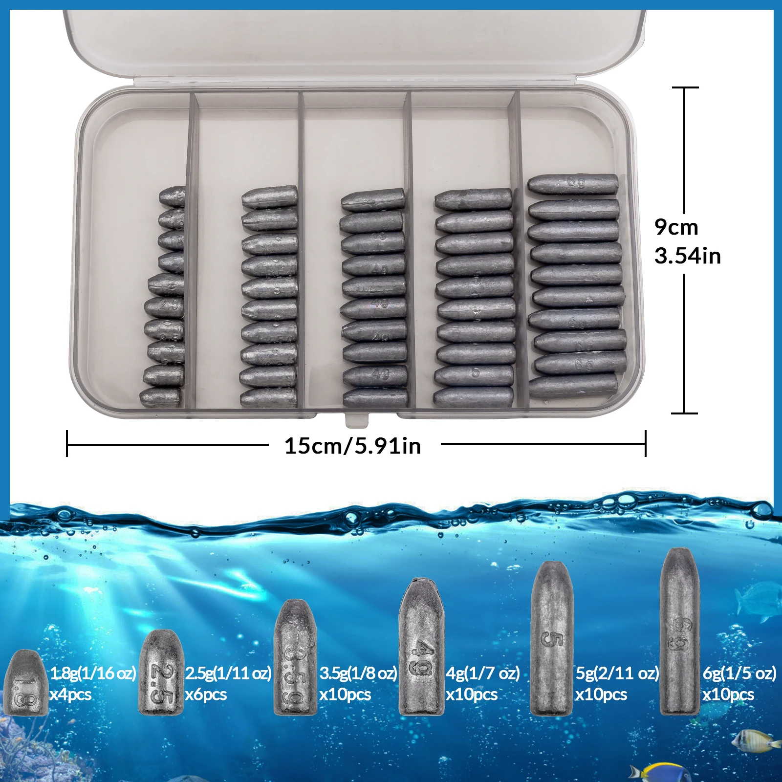 THKFISH 50 Uds pesas de pesca plomos 1,8g 2,5g 3,5g 4g 5g 6g plomo tipo bala para aparejos de pesca de mar Texas Rig Carolina - imagen 4