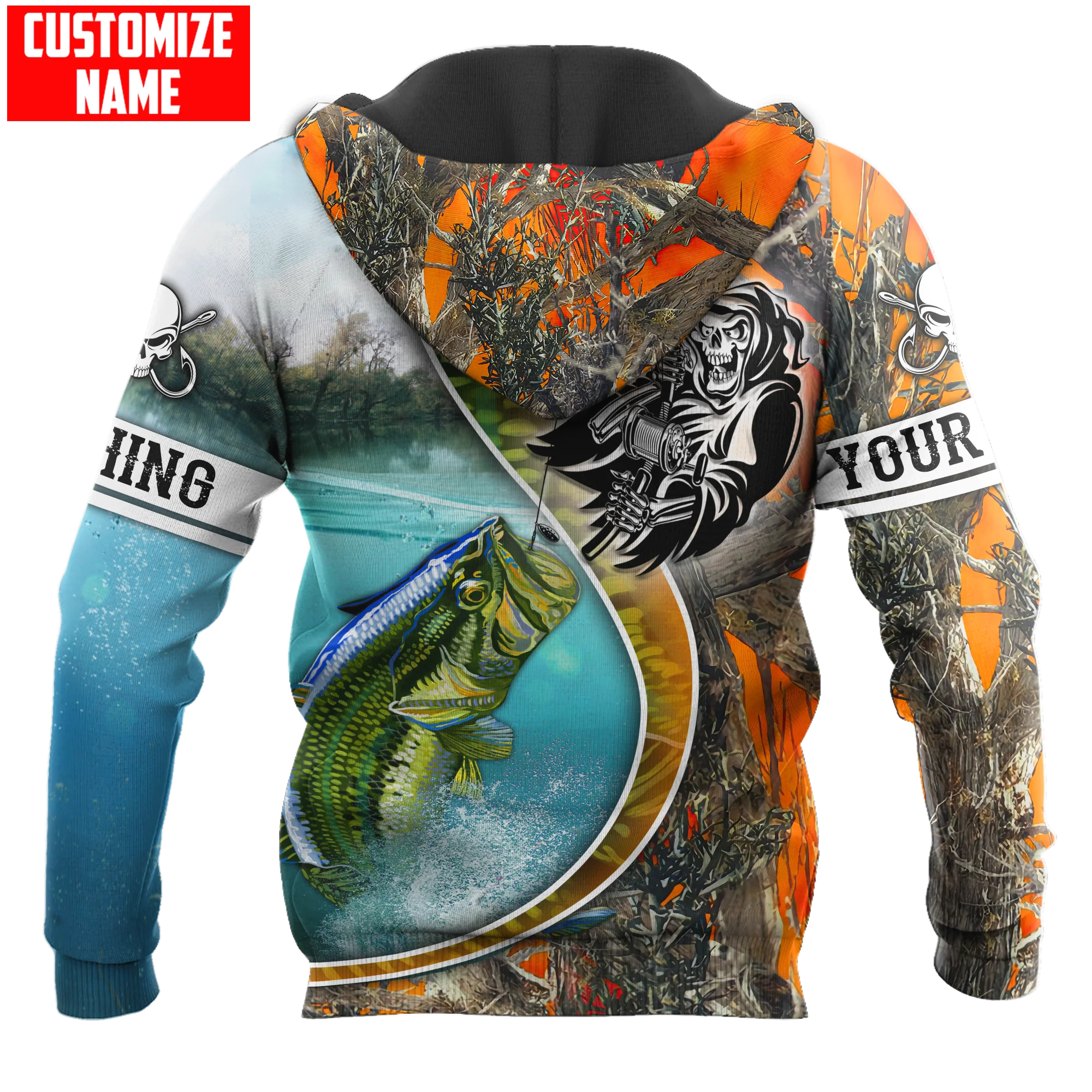 Sudadera con capucha y sudadera con estampado 3D de camuflaje naranja para pesca de lubina con nombre personalizado para hombre, Sudadera con capucha con cremallera Unisex, chándales informales KJ777 - imagen 3