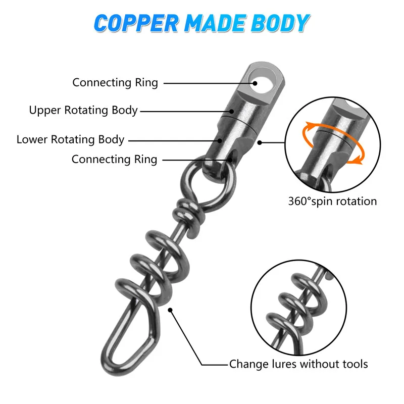 Conector de pesca de latón de alta resistencia, juego grande, Sacacorchos de enlace rápido, broches de remolino, aparejos de aparejo de pesca de atún, 550lb, 15 unidades por lote