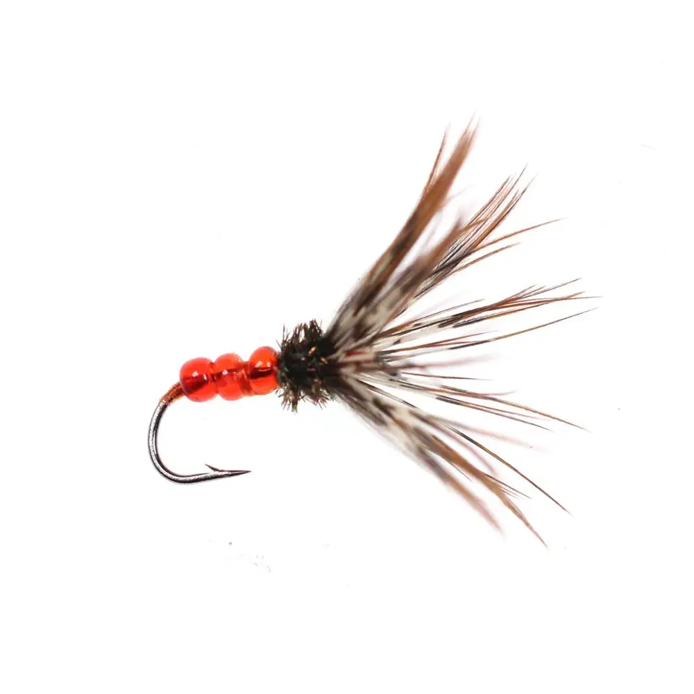 Bimoo 6PCS # 12 moscas de pesca Tenkara rojas y verdes con cuentagotas de cuentas de plástico, moscas de pesca de trucha arcoíris de Brook marrón Simple - imagen 2