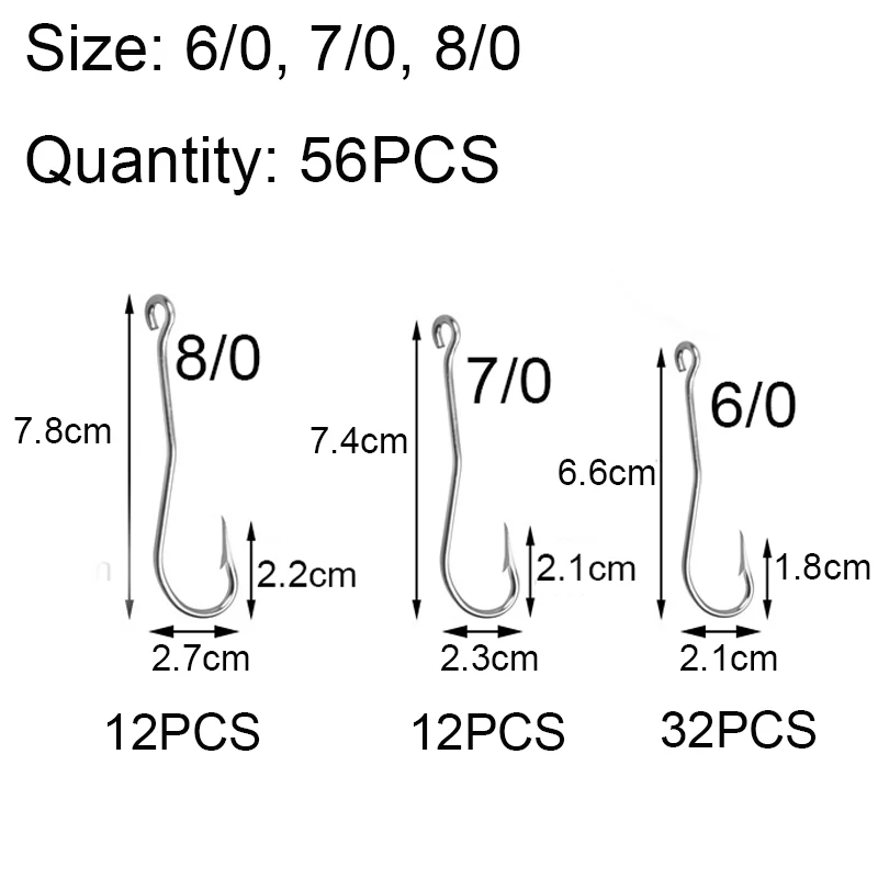 Anzuelos de pesca de caña larga de acero inoxidable, 56 unids/caja, anzuelos de compensación afilados, anzuelo de púas de Anguila de agua salada, anzuelos de plantilla - imagen 2