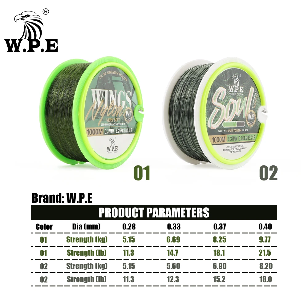 W.P.E-sedal de pesca de nailon de 1000m, hilo de pesca de monofilamento de 0,28mm-0,40mm, 11,3 LB-25lb, alimentador de carpa, aparejos de alambre de pesca con mosca - imagen 2